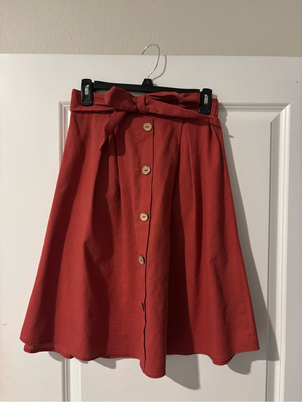 High-Waist Button-Front A-Line Skirt in Rust Red